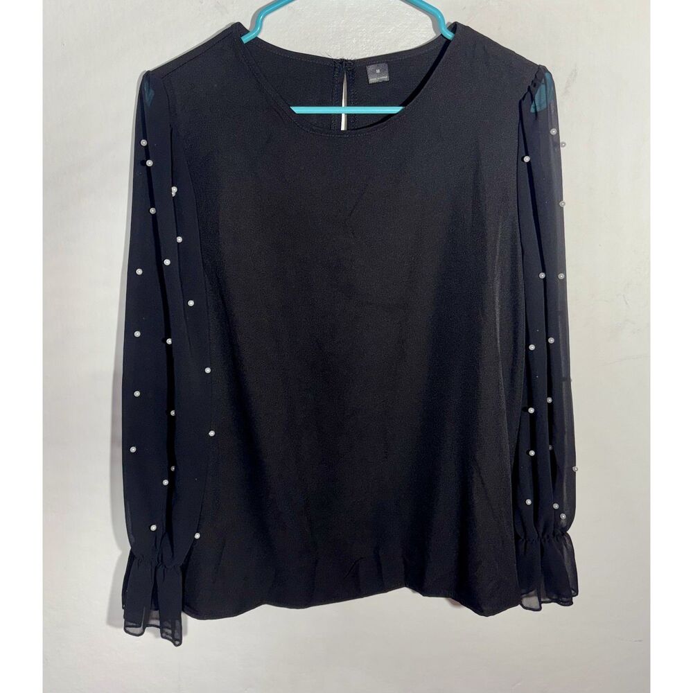 Women's Black Blouse Size M Sheer Pearl Sleeve Ruffle Cuff Dressy Top